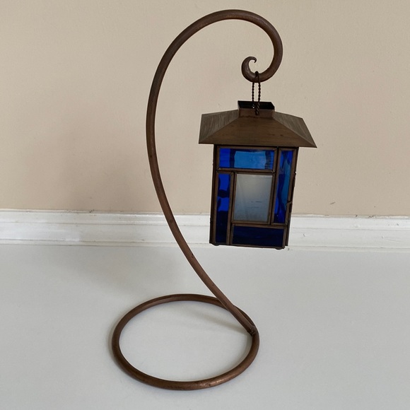 Other - Bronze Stand with Blue & white glass Candlelight Holder/Lantern